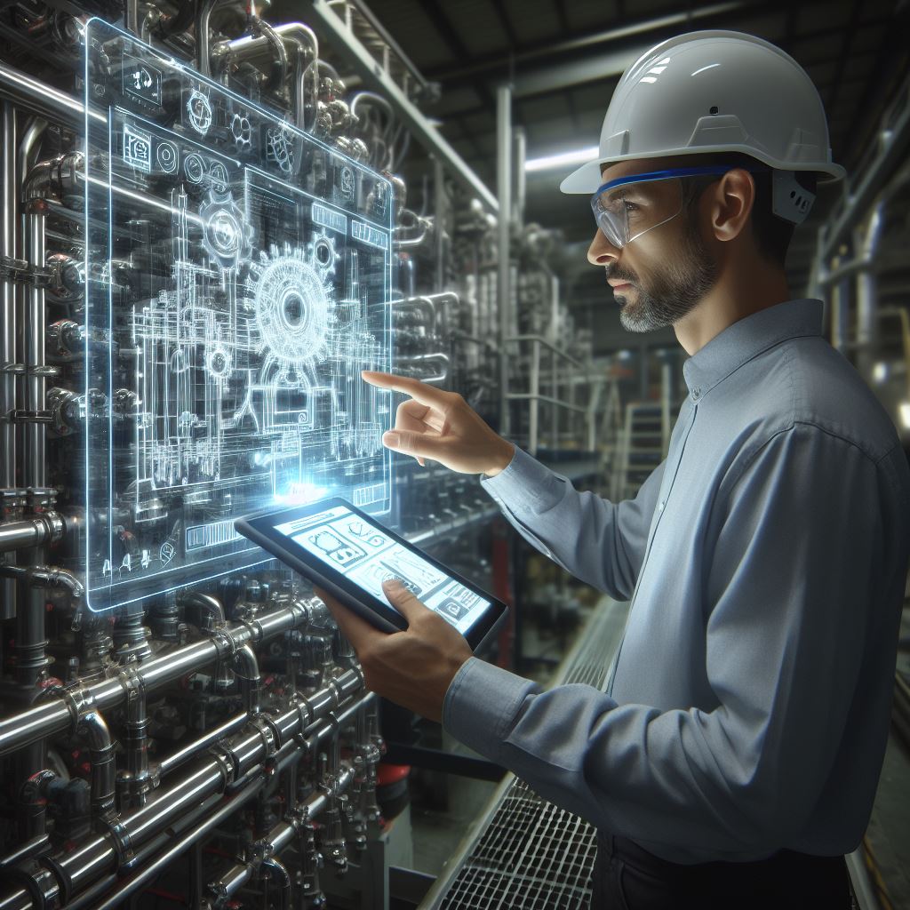 An engineer in a hard hat and safety glasses uses a tablet displaying a holographic machine overlay to diagnose and repair a complex factory machine with pipes and wires